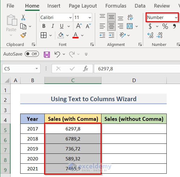 Apply Text to Columns Feature in Excel to Remove Comma from Numbers