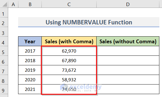 Omit Comma Between Numbers with Excel NUMBERVALUE Function