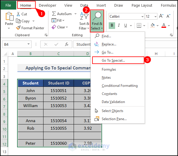 Applying Go To Special Command to Remove the missing values in Excel