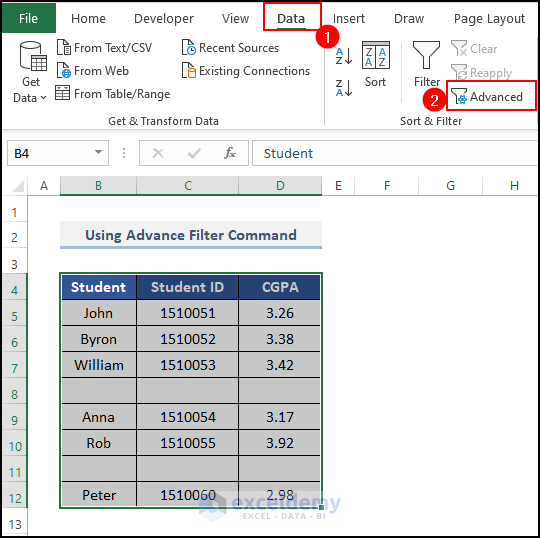 Applying Advanced Filter to remove missing values in Excel