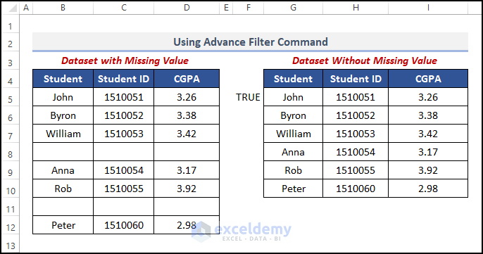 how to remove missing values in Excel by using Advanced Filter