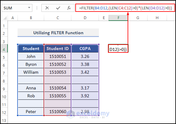 Utilizing FILTER Function to remove missing values