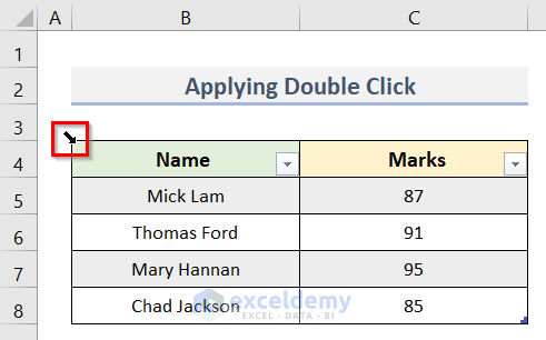Select All Rows in Excel Table by Double Clicking