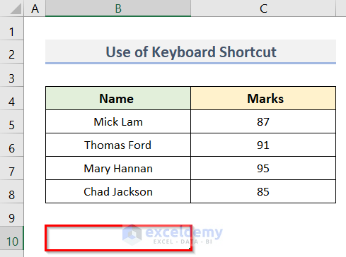 Apply Keyboard Shortcut in Excel for Selecting All Rows