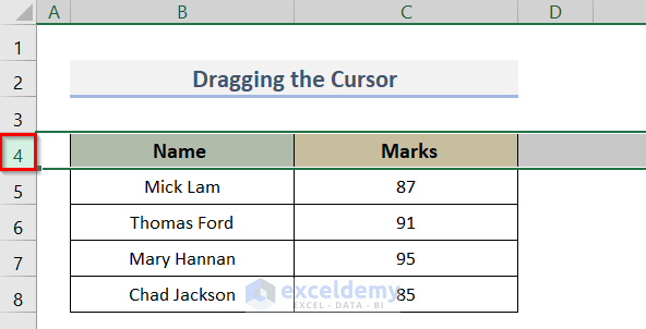 Drag Cursor to Select Multiple Excel Rows