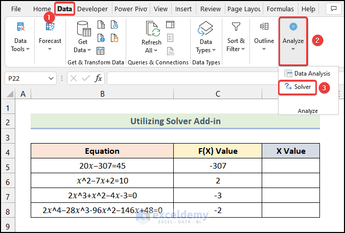 Utilizing the Solver Add-in Option  to solve for x in excel