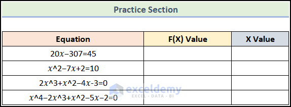 practice section to solve for x in excel