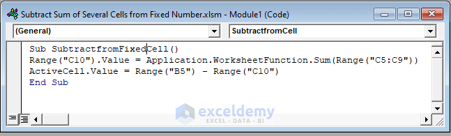 vba code to subtract sum of several cells from fixed number