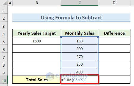 formula to subtract sum of several cells from fixed number