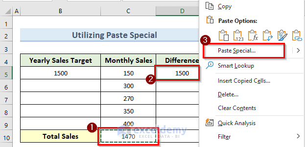 opening paste special to subtract sum of several cells from fixed number
