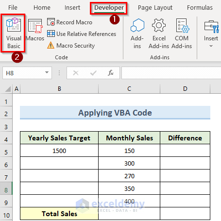 opening vba window to subtract sum of several cells from fixed number