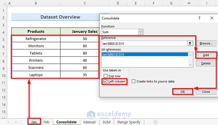 consolidate window to sum same cell in multiple sheets in excel