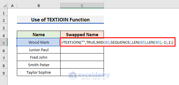 Use TEXTJOIN Function to Reverse Text in Excel