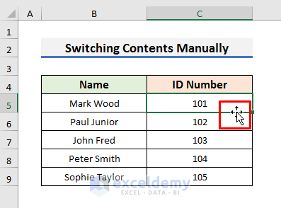 Switch Contents of Two Adjacent Cells Manually in Excel