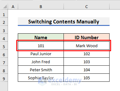 Switch Contents of Two Adjacent Cells Manually in Excel