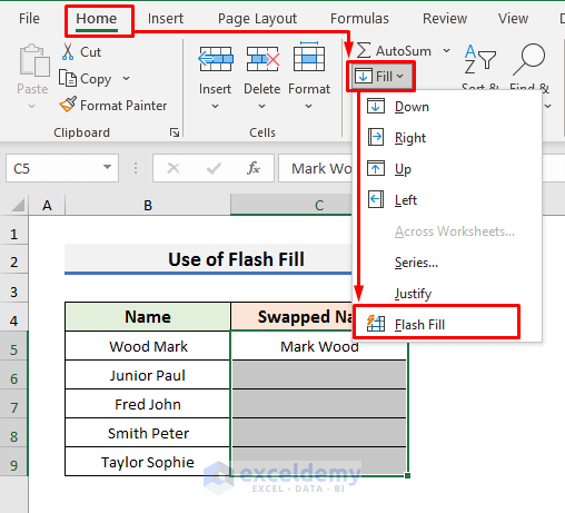 Text Swapping with Excel Flash Fill Option