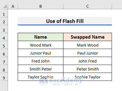 Text Swapping with Excel Flash Fill Option
