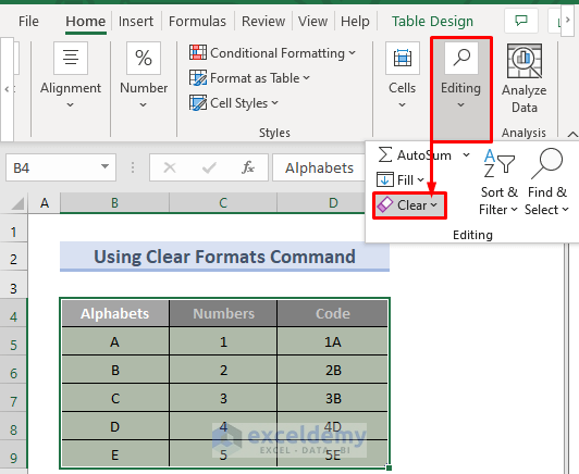 Using Clear Formats Command