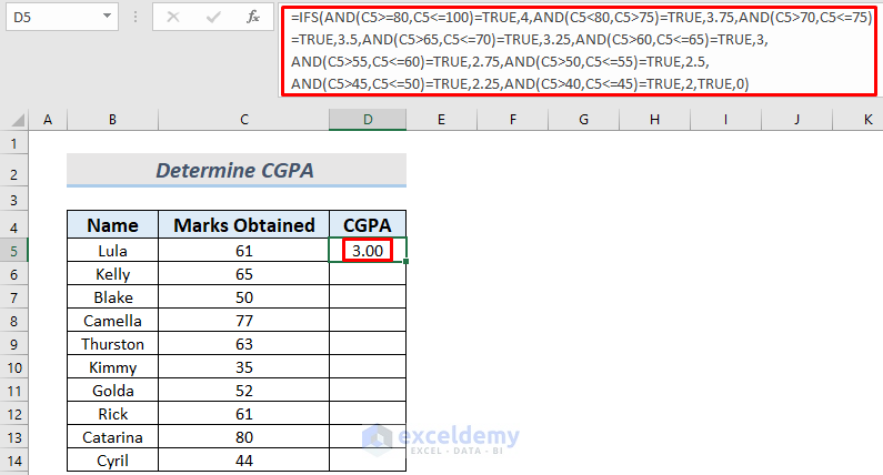 Applying Excel IFS and AND Functions Together to Determine CGPA