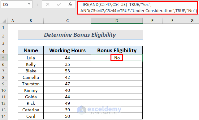 Using Excel IFS and AND Functions Together to Consider Bonus for Employee