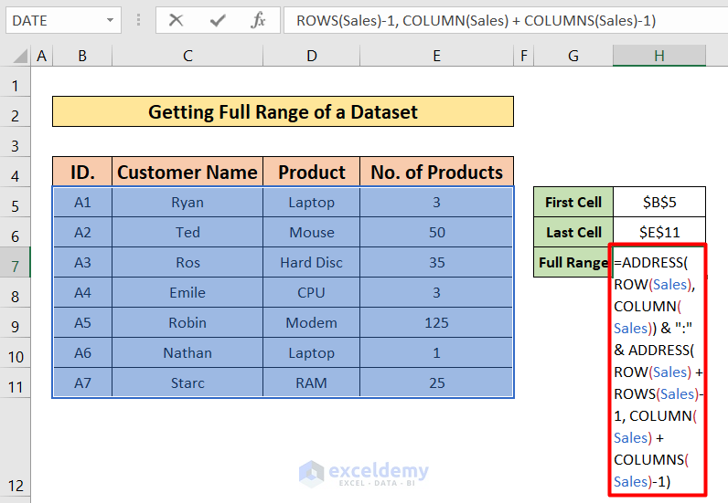 Use Cell Address in Excel Formula to Get Address of a Dataset