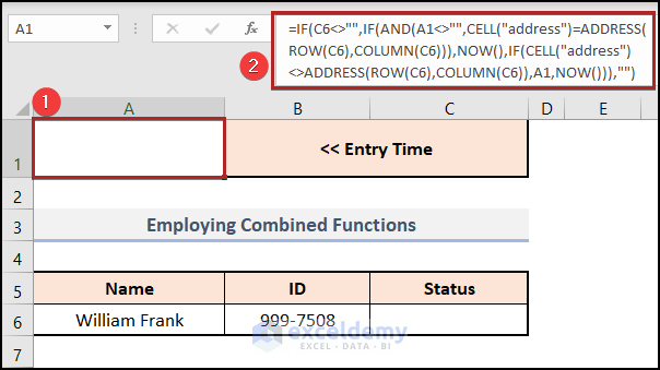 Employing Combined Functions to Insert Current Date and Time in Cell A1