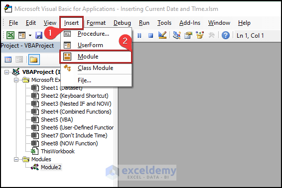 Implementing User-Defined Function to Insert Current Date and Time in Cell A1