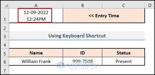 Using Keyboard Shortcut to Insert Current Date and Time in Cell A1