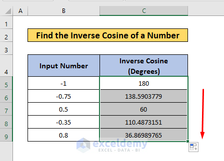 inverse cosine use degree result