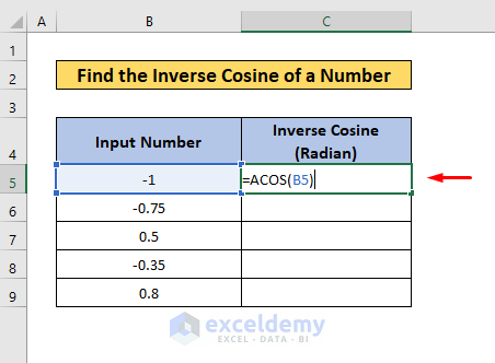 inverse cosine in excel method 1