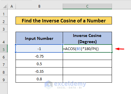 inverse cosine in excel with math operator
