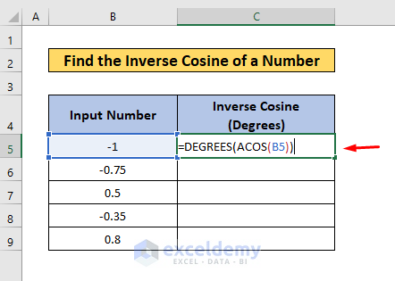 inverse cosine in excel use degree
