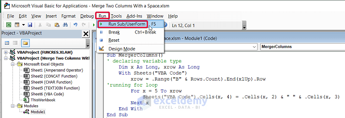 running the vba code to merge two columns in excel with a space