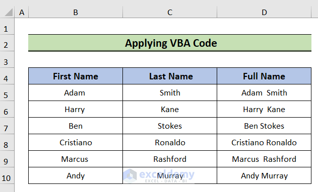 applying vba code to merge two columns in excel with a space