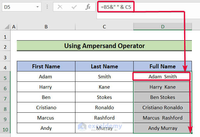 using ampersand operator to merge two columns in excel with a space