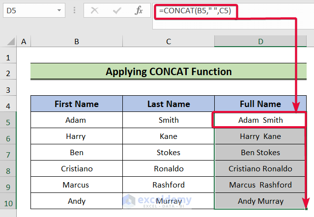 using concat function to merge two columns in excel with a space