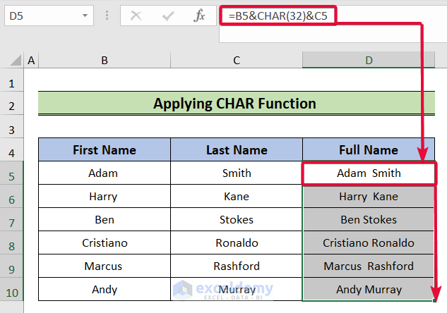 applying char function to merge columns in excel with a space