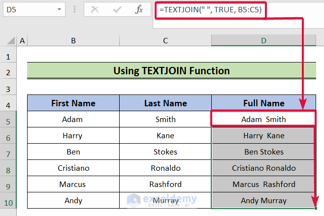 using textjoin function to merge two columns in excel with a space