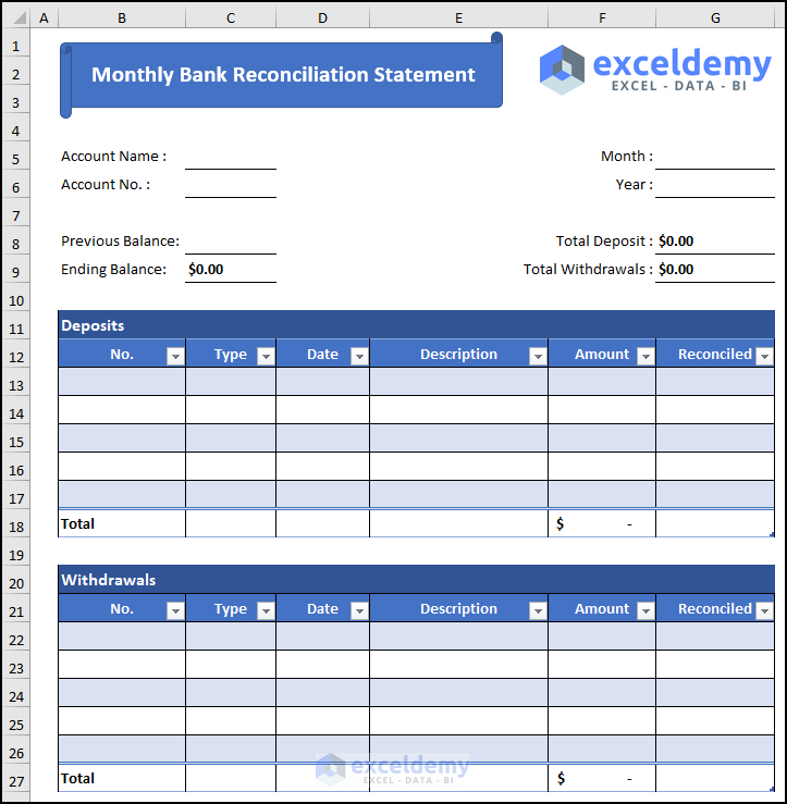Final View of Monthly Bank Reconciliation Statement Format in Excel