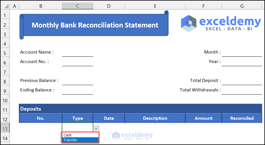 Inserted data validation drop-down option in a monthly bank reconciliation statement format