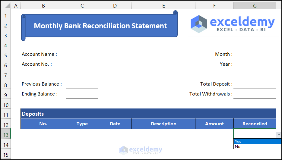 Inserting data validation drop-down option for the reconciled field 