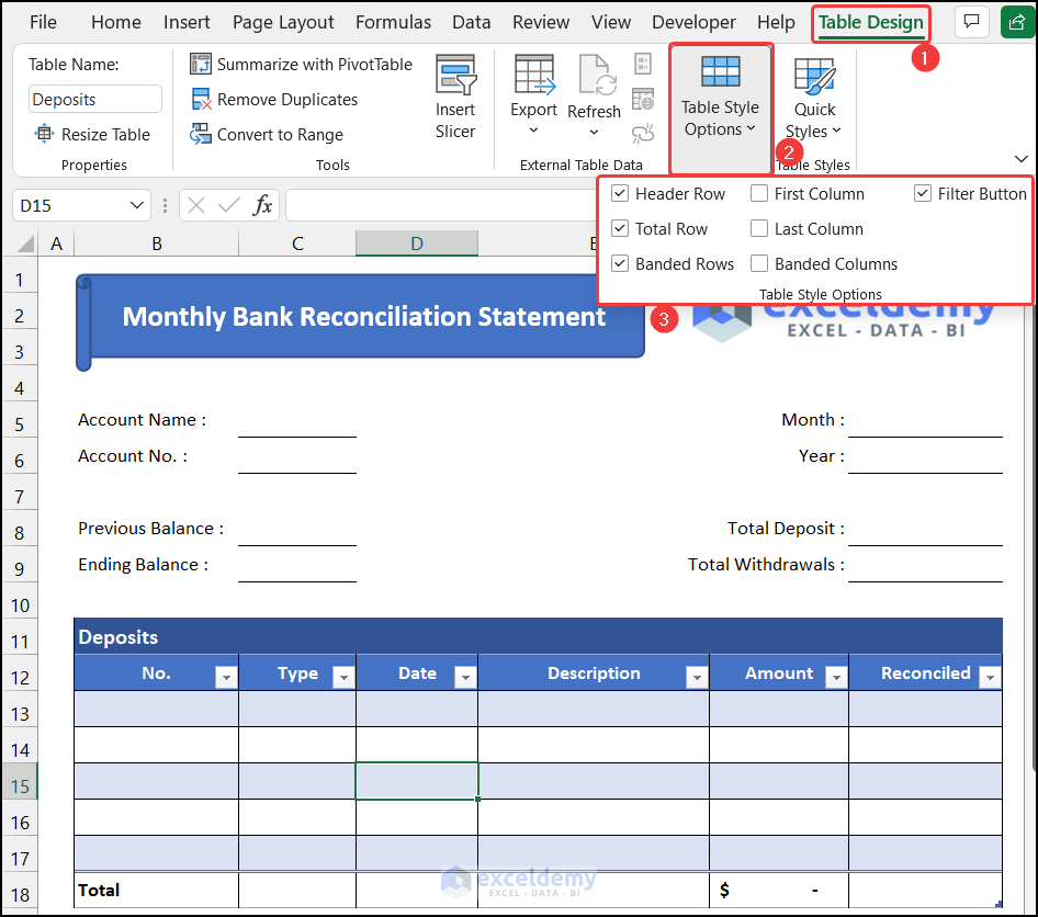 Modify the data table of a monthly bank reconciliation statement format