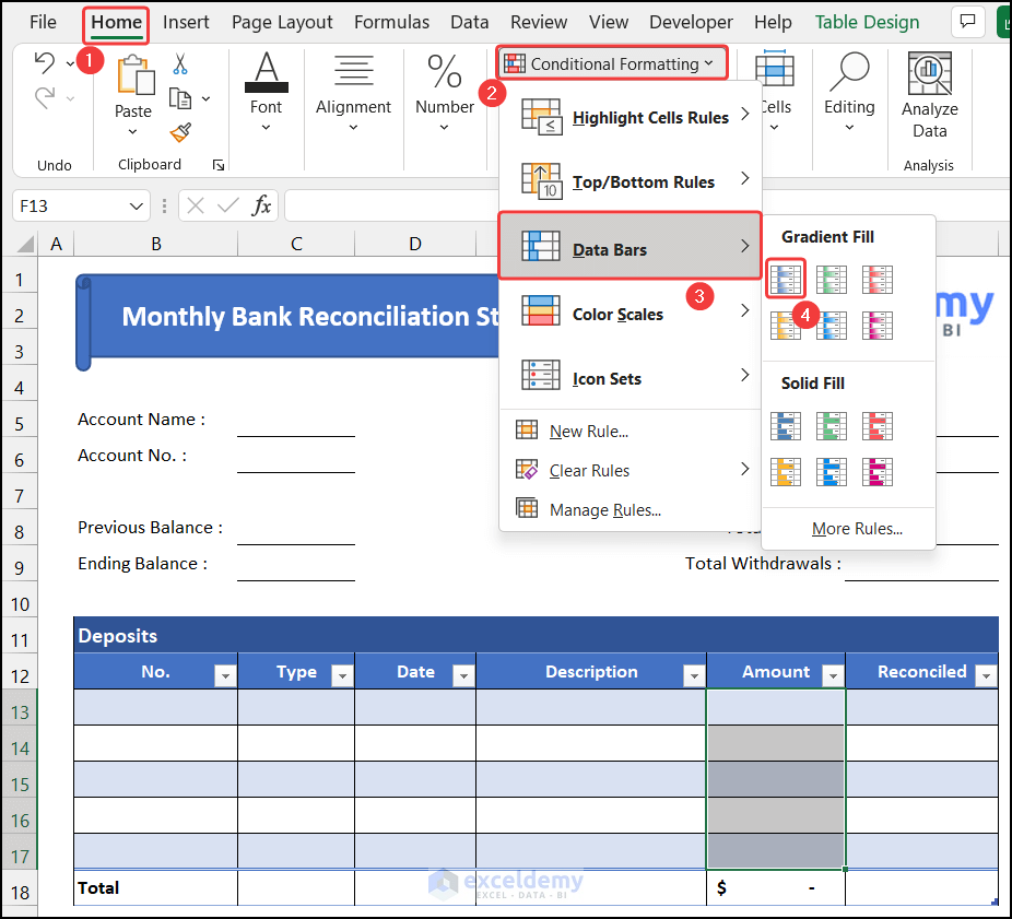Create Total Deposits List to Create Monthly Bank Reconciliation Statement Format