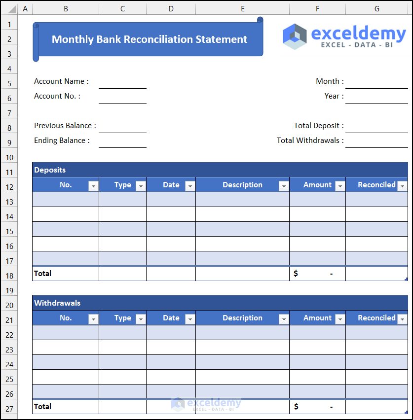 Design Total Withdrawals List to Create Monthly Bank Reconciliation Statement Format