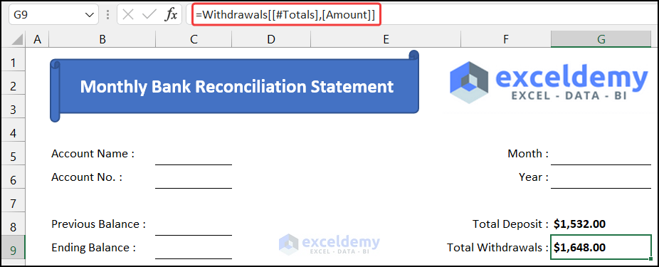 Importing total withdrawal value in a monthly bank reconciliation statement format