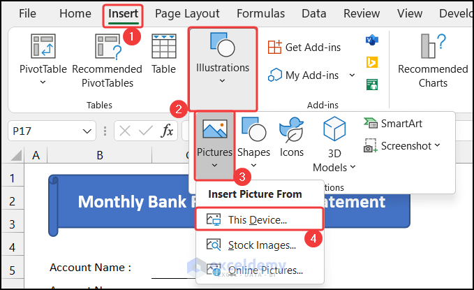 inserting logo to create a monthly bank reconciliation statement format in Excel