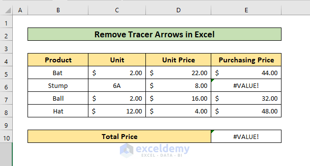 remove trace arrows in excel result