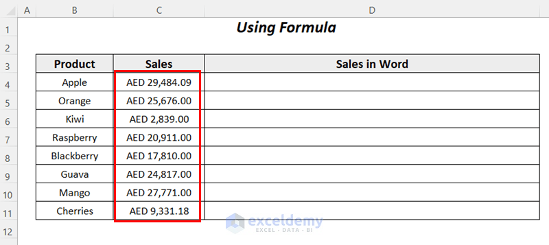 using a complex formula to spell number in excel in dirhams