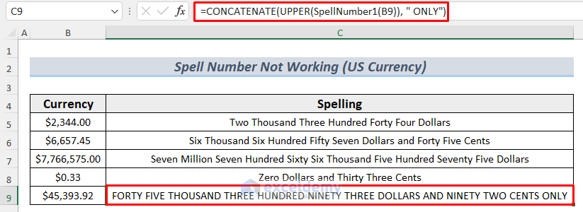 spell number in excel not working