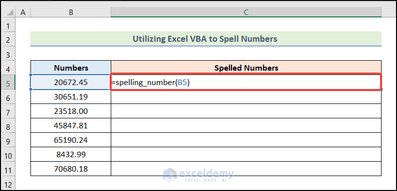 Using created function to Spell Number Without Currency in Excel